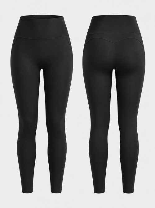 Silueta: leggings negros de cintura alta, vista frontal y trasera