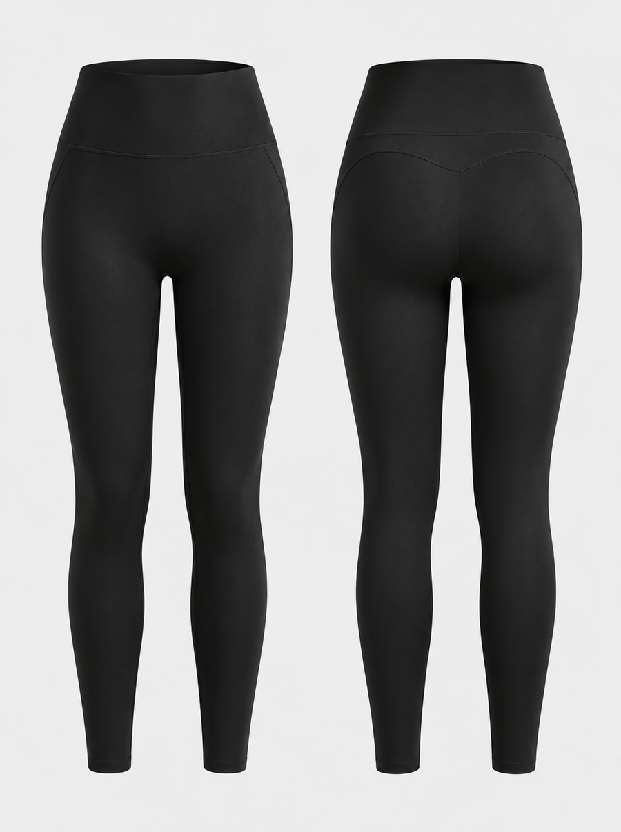 Silueta: leggings negros de cintura alta, vista frontal y trasera