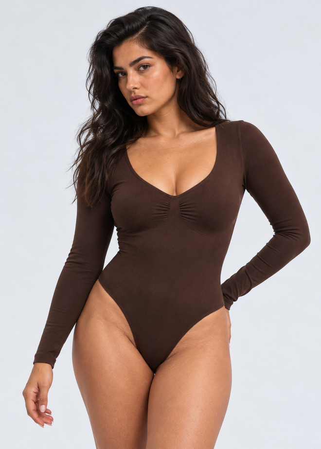 Long-Sleeve Shaping Bodysuit – Brown