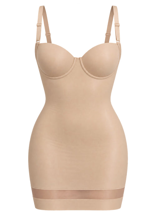 Silueta: vestido moldeador beige con panel de malla
